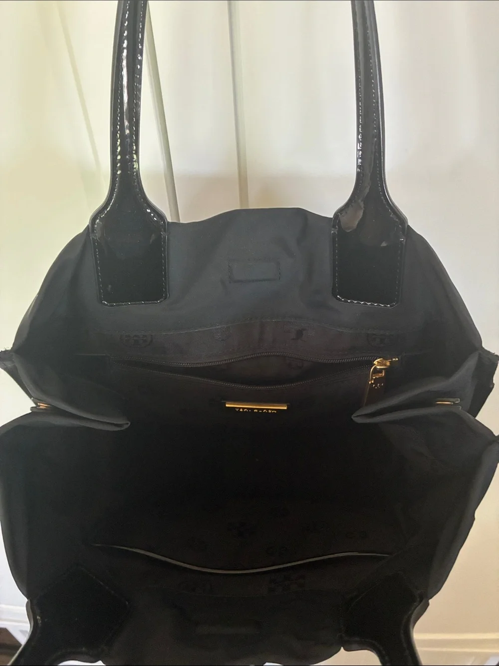 Tory Burch Black Nylon Tote with Patent Trim and Logo